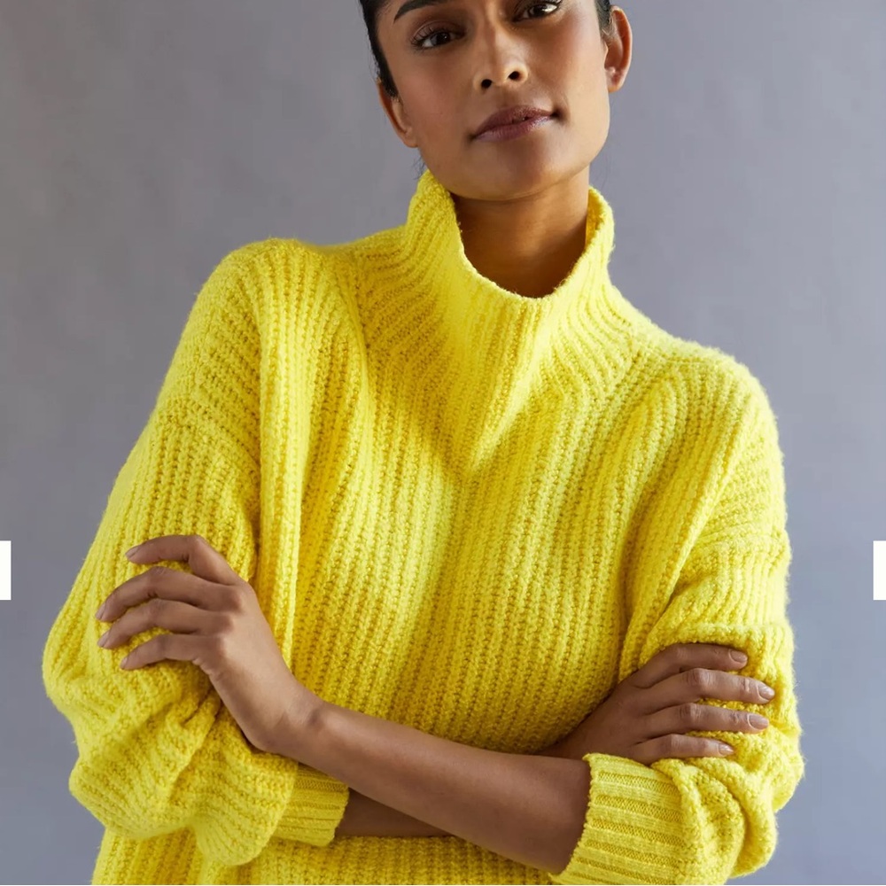 Anthropologie Bright Yellow Ribbed Mock Neck Sweater
